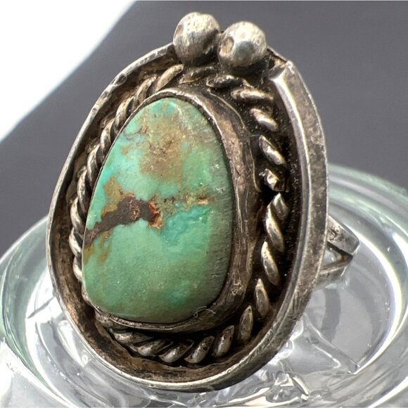 Vintage Sterling Silver Turquoise Ring Sz 7.5 Rope Bead Southwest Statement Boho - Picture 2 of 8
